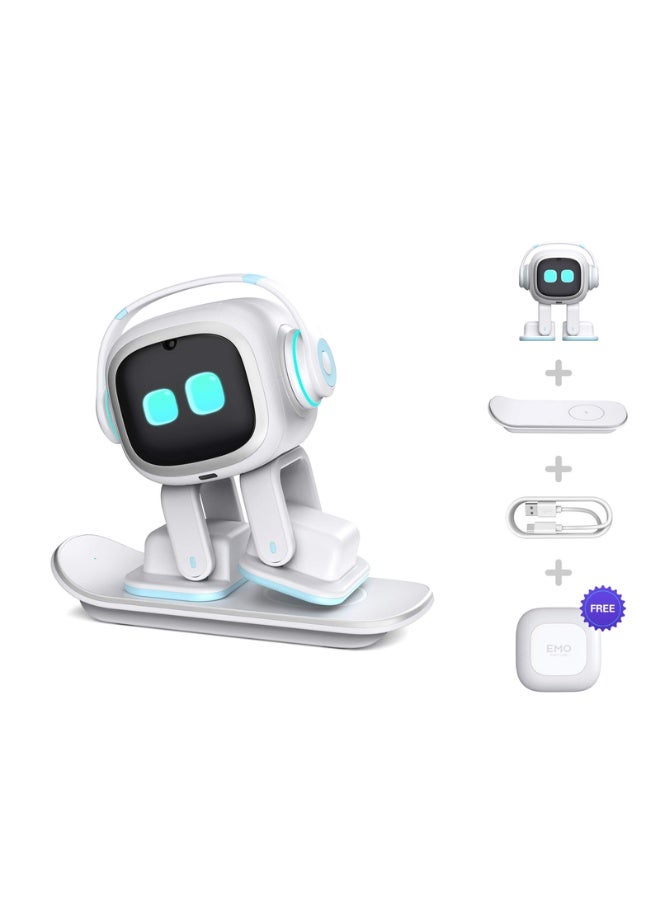 LIVING.AI EMO Robot Desktop Pet Companion (Skateboard-White) | AI-Powered Smart Robot with Voice Interaction, Smart Light & Wireless Charging Skateboard Base for Kids and Adults - Image 1